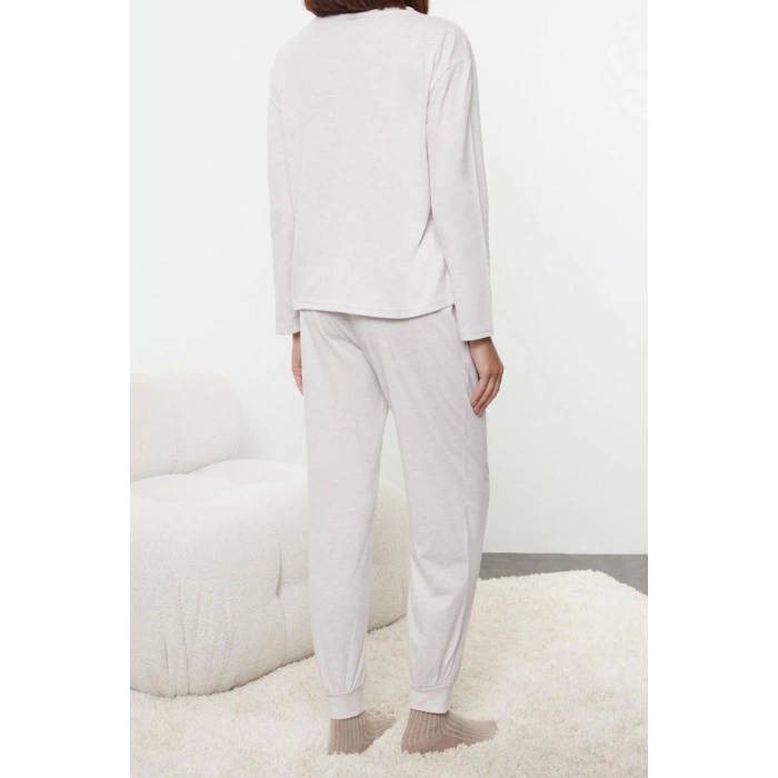 Kadın Moda Şık Bisiklet Yaka Lastikli Paça Uzun Kol Hayvan Baskılı Örme Pijama Takımı