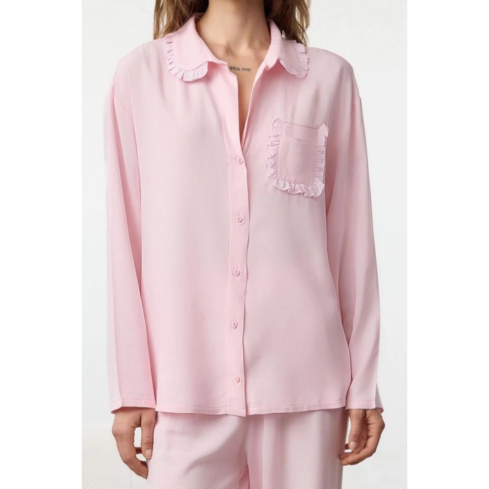 Womens Fashion Stylish Shirt Collar Tube Leg Long Sleeve Ruffle Pocket Detail Viscose Woven Pajama Set