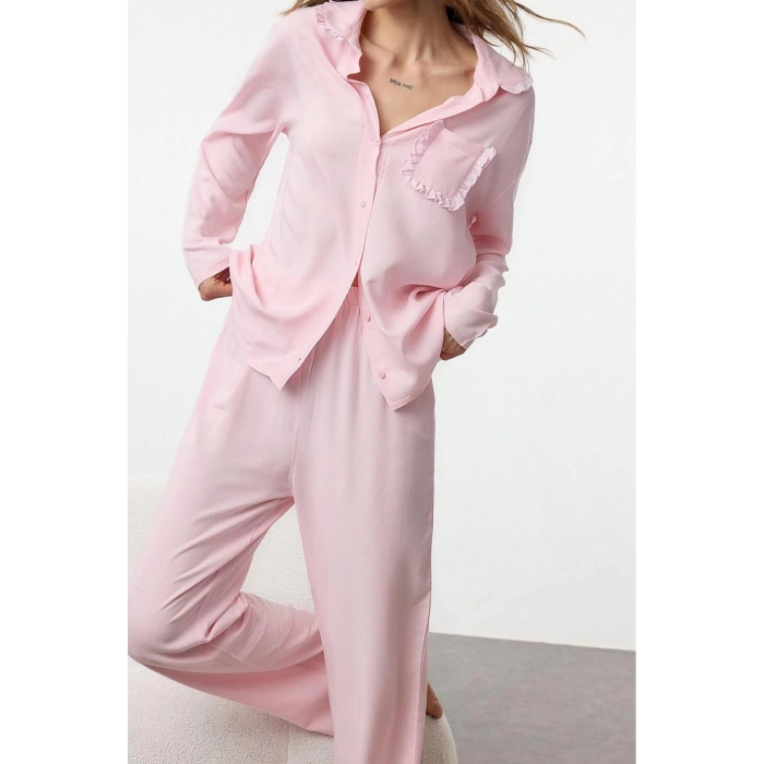 Womens Fashion Stylish Shirt Collar Tube Leg Long Sleeve Ruffle Pocket Detail Viscose Woven Pajama Set