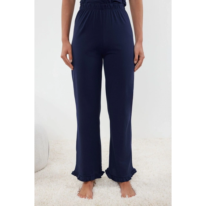 Kadın Moda Şık Gömlek Yaka Boru Paça Kısa Kol %100 Pamuklu Fırfır Detaylı Örme Pijama Takımı