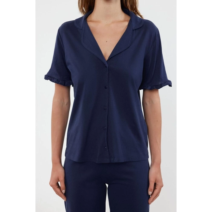 Kadın Moda Şık Gömlek Yaka Boru Paça Kısa Kol %100 Pamuklu Fırfır Detaylı Örme Pijama Takımı