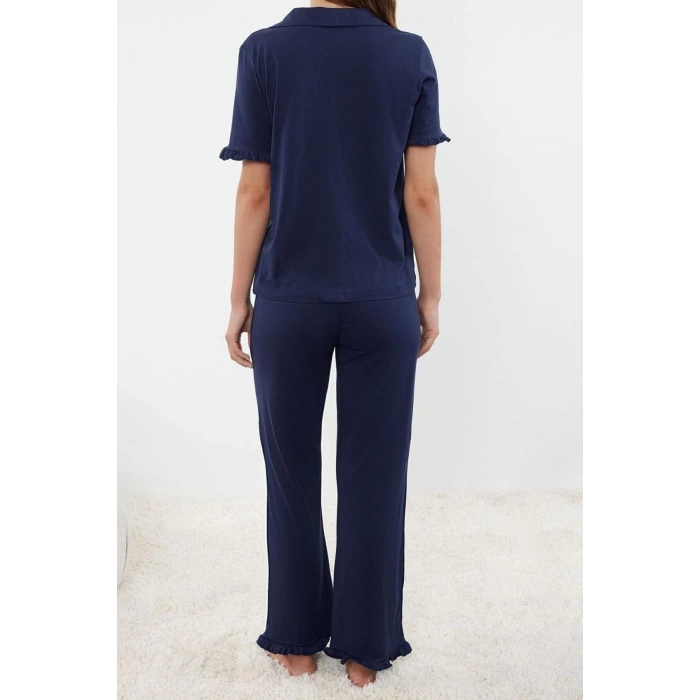 Kadın Moda Şık Gömlek Yaka Boru Paça Kısa Kol %100 Pamuklu Fırfır Detaylı Örme Pijama Takımı