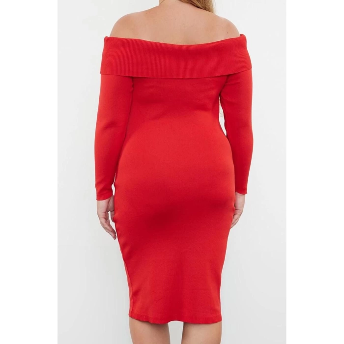 Kadın Moda Şık Büyük Beden Midi Boy Carmen Yaka Fitted Vücudu Saran Triko Elbise