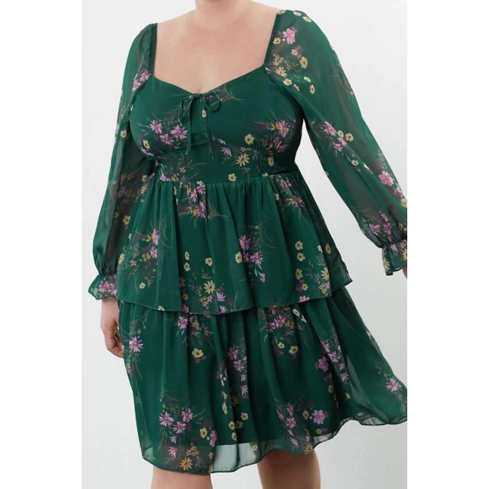 Women Fashion Stylish Plus Size Mini Length Square Neck Relaxed Chiffon Woven Plus Size Dress