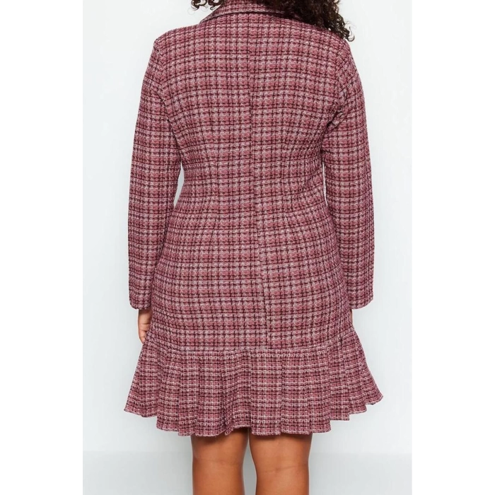 Kadın Moda Şık Büyük Beden Mini Boy Ceket Yaka Fitted Ekose Desen Etek Ucu Deatylı Dokuma Elbise