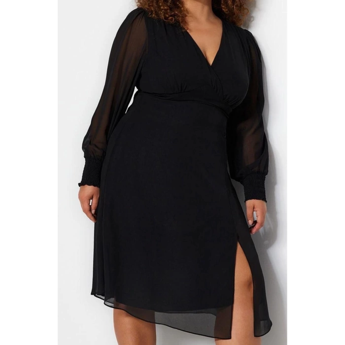 Women Fashion Stylish Plus Size Midi Length V Neck Fitted Slit Detailed A-Line Bell Woven Dress