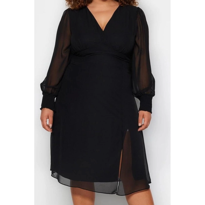 Women Fashion Stylish Plus Size Midi Length V Neck Fitted Slit Detailed A-Line Bell Woven Dress