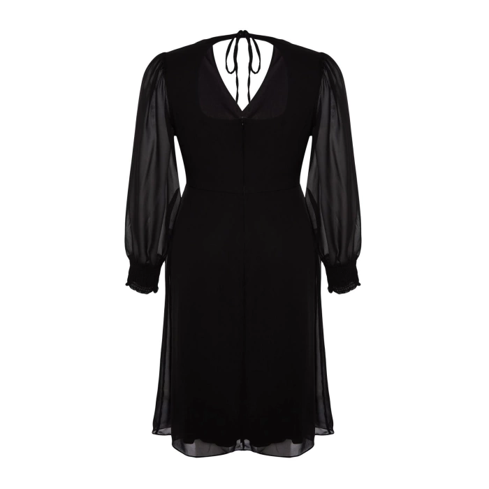 Women Fashion Stylish Plus Size Midi Length V Neck Fitted Slit Detailed A-Line Bell Woven Dress