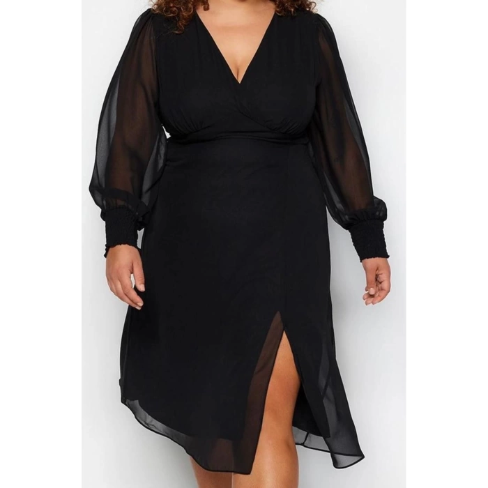 Women Fashion Stylish Plus Size Midi Length V Neck Fitted Slit Detailed A-Line Bell Woven Dress