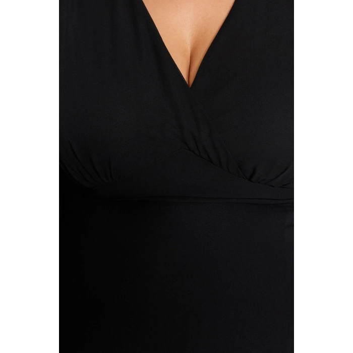 Women Fashion Stylish Plus Size Midi Length V Neck Fitted Slit Detailed A-Line Bell Woven Dress