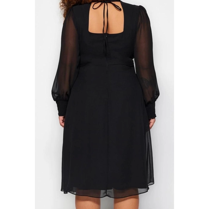 Women Fashion Stylish Plus Size Midi Length V Neck Fitted Slit Detailed A-Line Bell Woven Dress