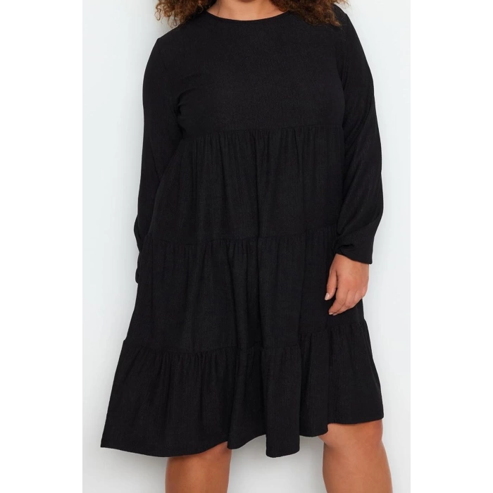 Women Fashion Stylish Plus Size Mini Length Crew Neck Relaxed Plain A-line Knitted Dress