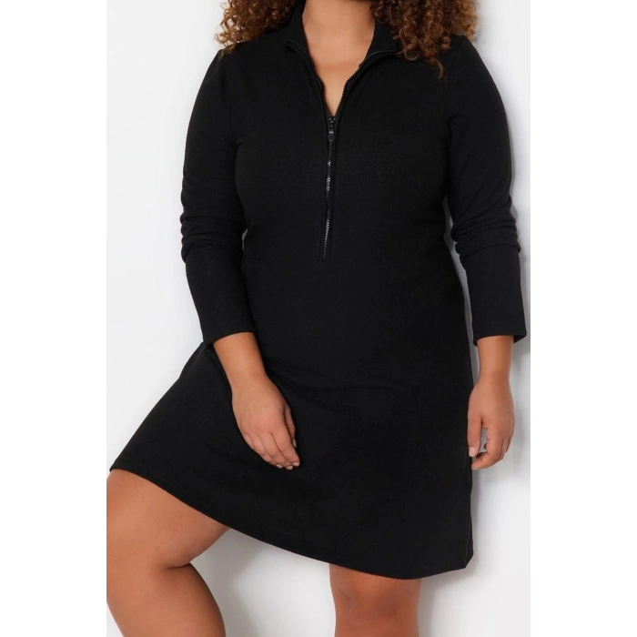 Women Fashion Stylish Plus Size Mini Length Stand Collar Relaxed Soft Knitted Plus Size Dress
