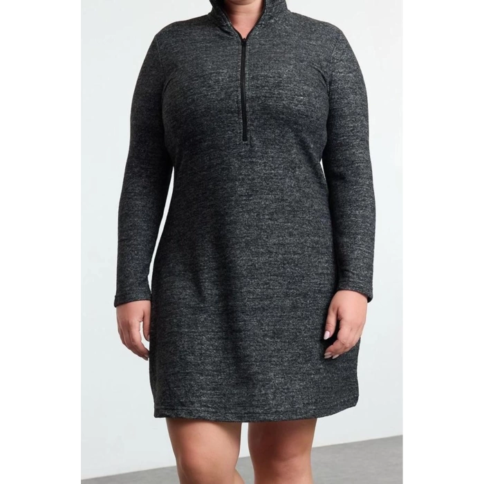 Women Fashion Stylish Plus Size Mini Length Stand Collar Relaxed Soft Knitted Plus Size Dress