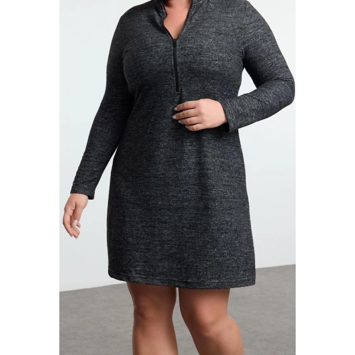 Women Fashion Stylish Plus Size Mini Length Stand Collar Relaxed Soft Knitted Plus Size Dress