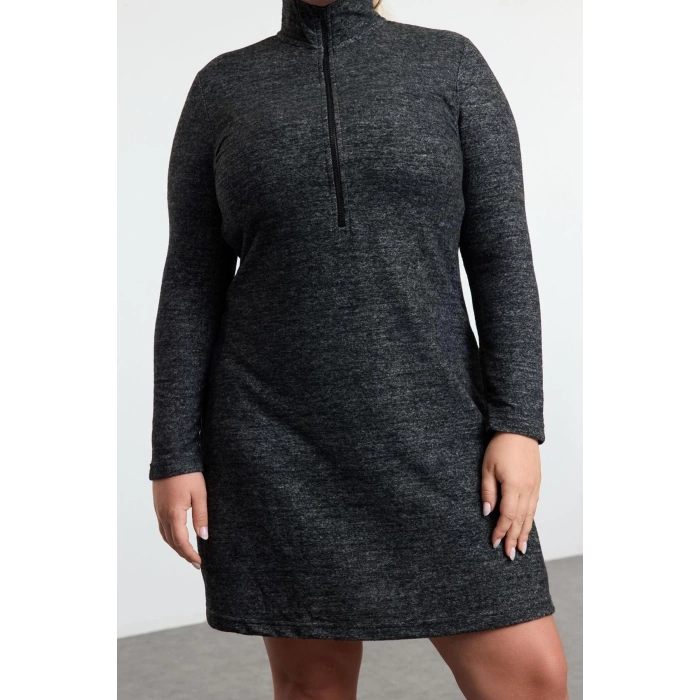 Women Fashion Stylish Plus Size Mini Length Stand Collar Relaxed Soft Knitted Plus Size Dress