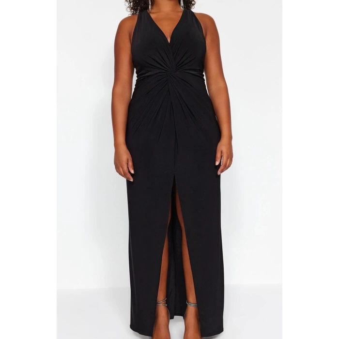 Kadın Moda Şık Büyük Beden Midi Boy V Yaka Fitted Yırtmaçlı Örme Elbise