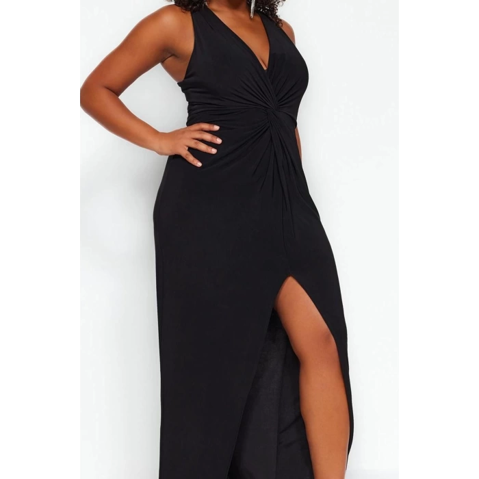 Kadın Moda Şık Büyük Beden Midi Boy V Yaka Fitted Yırtmaçlı Örme Elbise