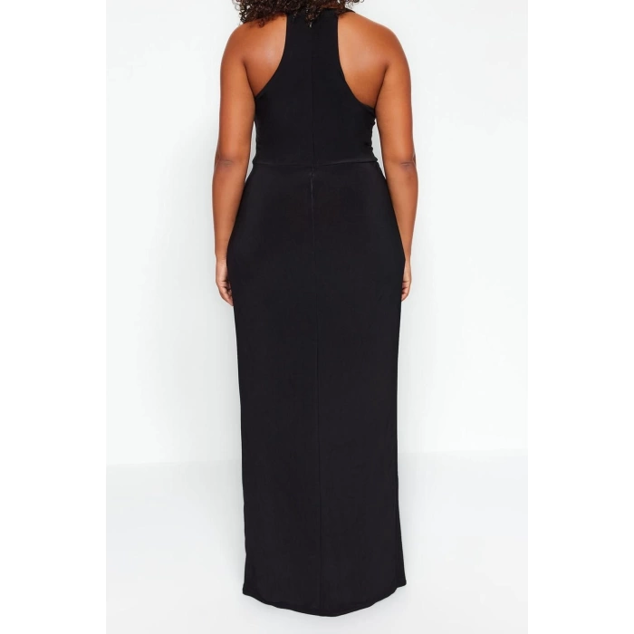 Kadın Moda Şık Büyük Beden Midi Boy V Yaka Fitted Yırtmaçlı Örme Elbise