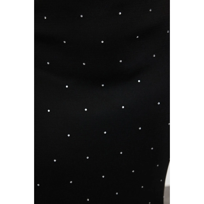 Kadın Moda Şık Büyük Beden Midi Boy Bisiklet Yaka Fitted Taşlı Triko Elbise