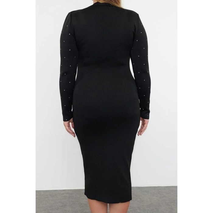 Kadın Moda Şık Büyük Beden Midi Boy Bisiklet Yaka Fitted Taşlı Triko Elbise