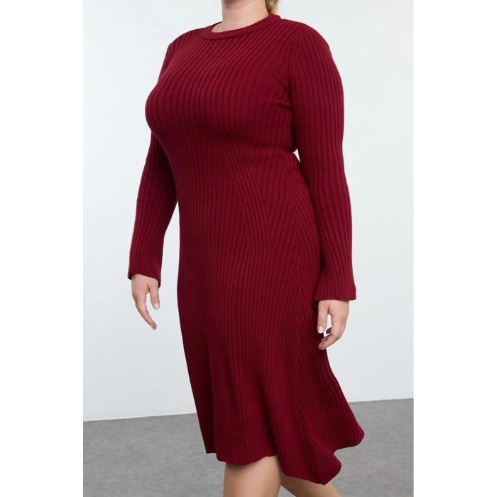 Kadın Moda Şık Büyük Beden Midi Boy Bisiklet Yaka Fitted Bordo Fitilli Triko Elbise
