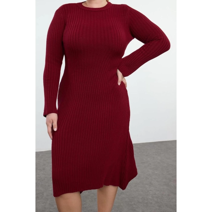Kadın Moda Şık Büyük Beden Midi Boy Bisiklet Yaka Fitted Bordo Fitilli Triko Elbise