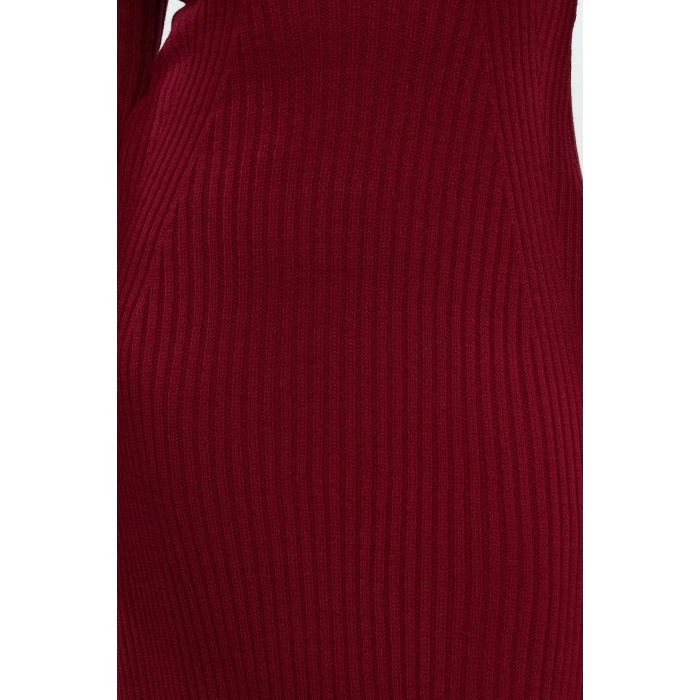 Kadın Moda Şık Büyük Beden Midi Boy Bisiklet Yaka Fitted Bordo Fitilli Triko Elbise