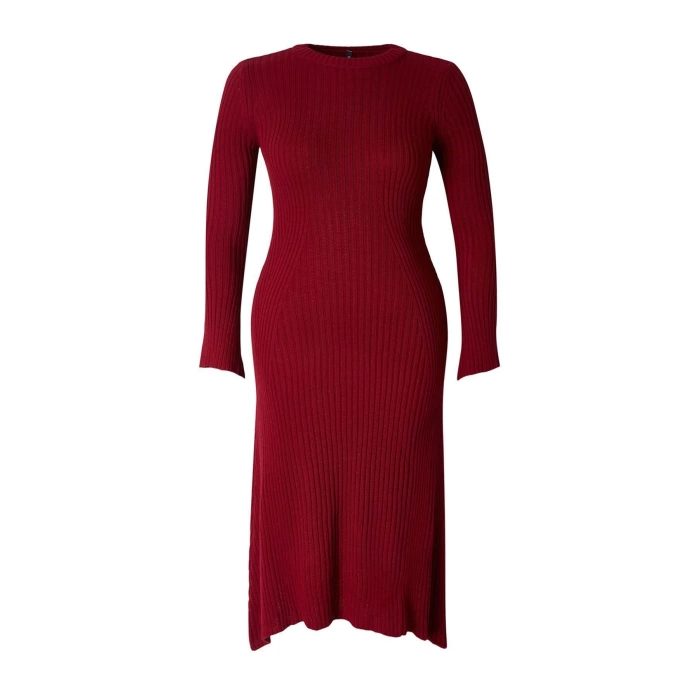 Kadın Moda Şık Büyük Beden Midi Boy Bisiklet Yaka Fitted Bordo Fitilli Triko Elbise