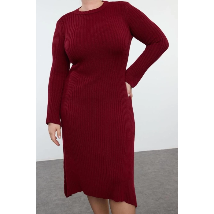 Kadın Moda Şık Büyük Beden Midi Boy Bisiklet Yaka Fitted Bordo Fitilli Triko Elbise