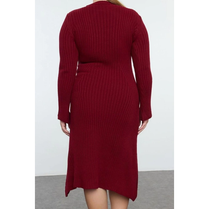 Kadın Moda Şık Büyük Beden Midi Boy Bisiklet Yaka Fitted Bordo Fitilli Triko Elbise
