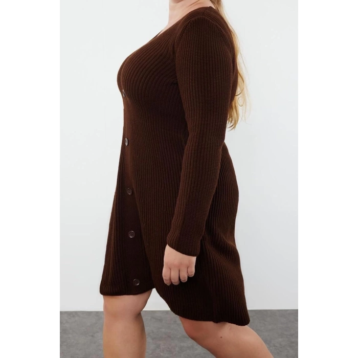 Kadın Moda Şık Büyük Beden Mini Boy V Yaka Fitted Triko Elbise