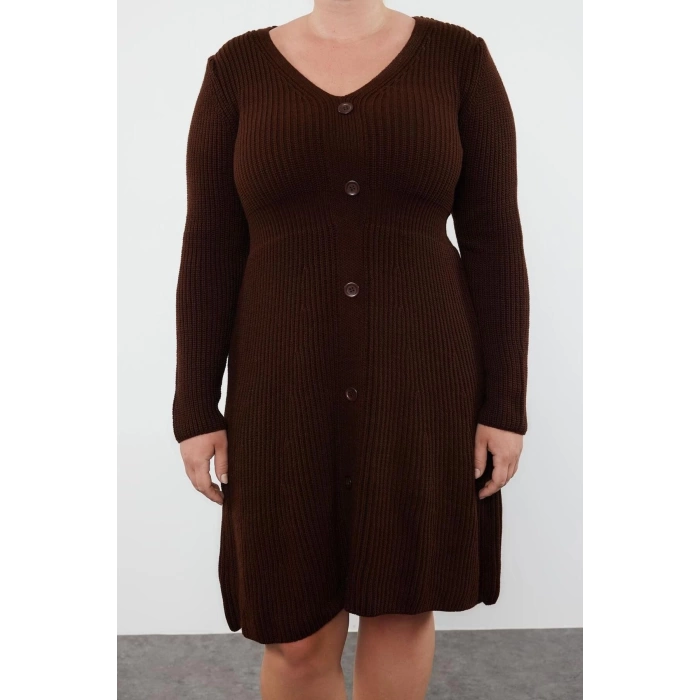 Kadın Moda Şık Büyük Beden Mini Boy V Yaka Fitted Triko Elbise
