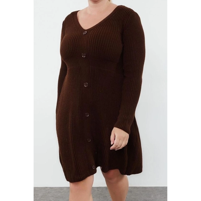 Kadın Moda Şık Büyük Beden Mini Boy V Yaka Fitted Triko Elbise