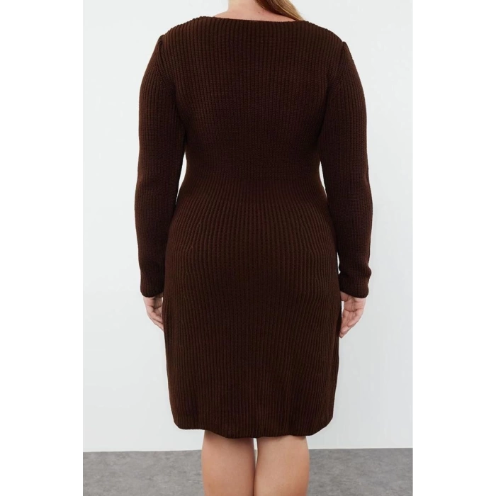 Kadın Moda Şık Büyük Beden Mini Boy V Yaka Fitted Triko Elbise