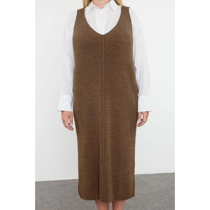 Women Fashion Stylish Plus Size Midi Length V Neck Fitted Vest Knit Dress