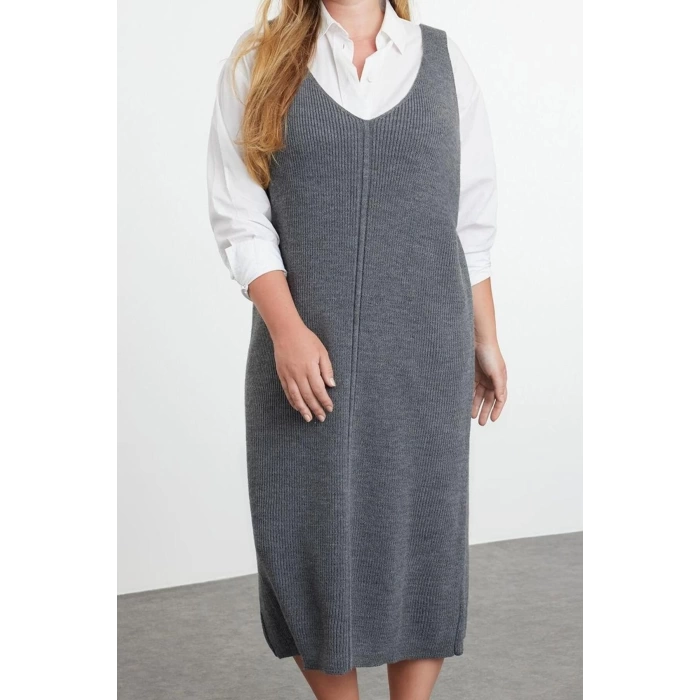 Women Fashion Stylish Plus Size Midi Length V Neck Fitted Vest Knit Dress
