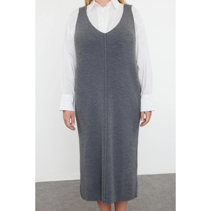 Women Fashion Stylish Plus Size Midi Length V Neck Fitted Vest Knit Dress