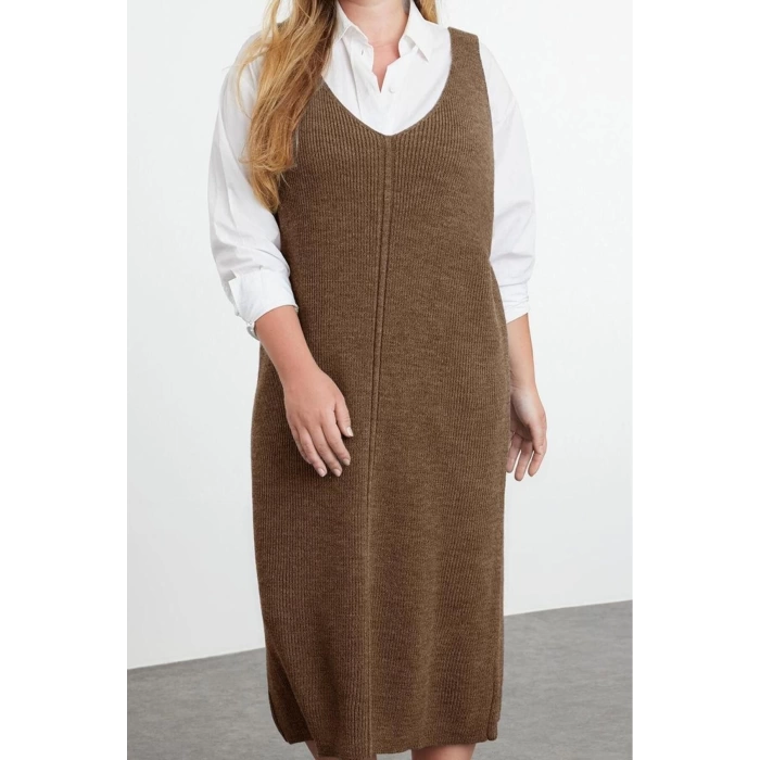 Women Fashion Stylish Plus Size Midi Length V Neck Fitted Vest Knit Dress