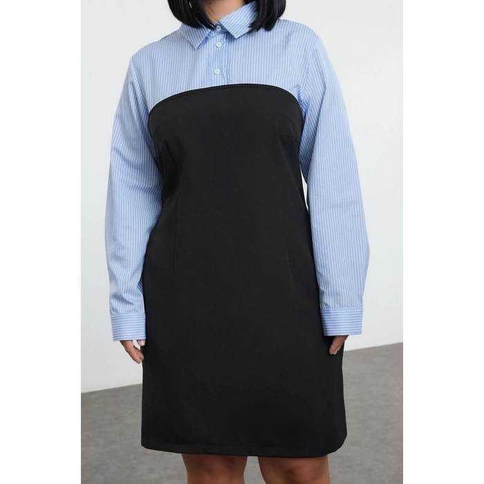 Womens Plus Size Mini Length Fitted Black Bodycone Strapless Woven Plus Size Striped Shirt Dress