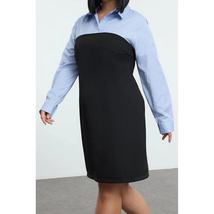 Womens Plus Size Mini Length Fitted Black Bodycone Strapless Woven Plus Size Striped Shirt Dress