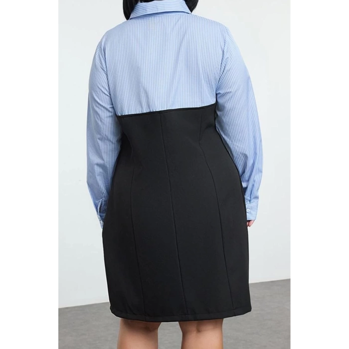 Womens Plus Size Mini Length Fitted Black Bodycone Strapless Woven Plus Size Striped Shirt Dress