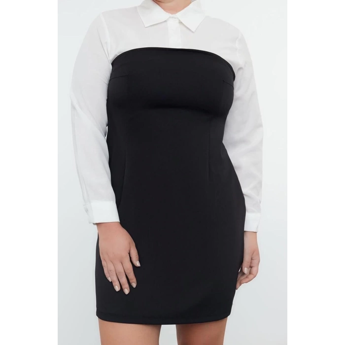 Womens Plus Size Mini Length Fitted Black Bodycone Strapless Woven Plus Size Striped Shirt Dress