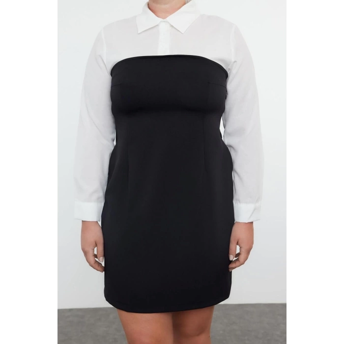 Womens Plus Size Mini Length Fitted Black Bodycone Strapless Woven Plus Size Striped Shirt Dress