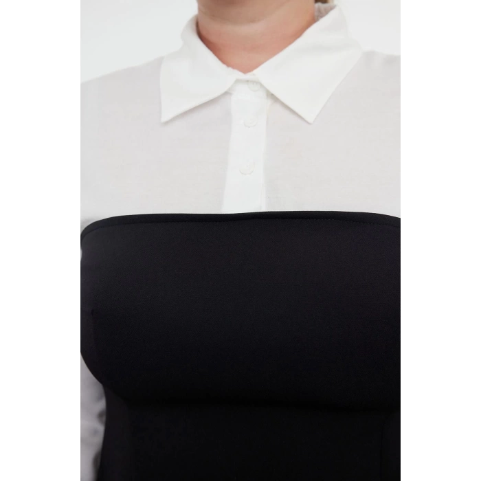 Womens Plus Size Mini Length Fitted Black Bodycone Strapless Woven Plus Size Striped Shirt Dress