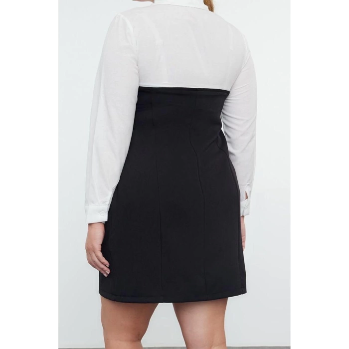 Womens Plus Size Mini Length Fitted Black Bodycone Strapless Woven Plus Size Striped Shirt Dress