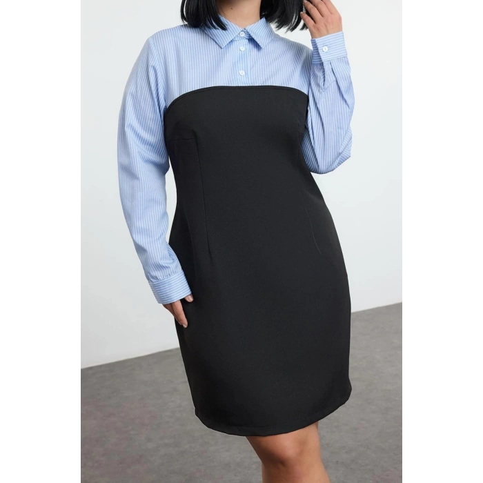 Womens Plus Size Mini Length Fitted Black Bodycone Strapless Woven Plus Size Striped Shirt Dress