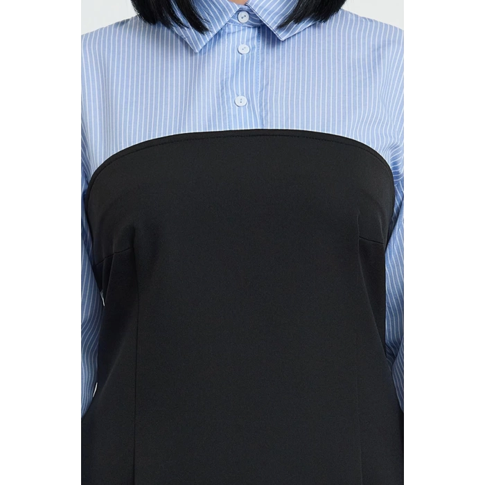 Womens Plus Size Mini Length Fitted Black Bodycone Strapless Woven Plus Size Striped Shirt Dress