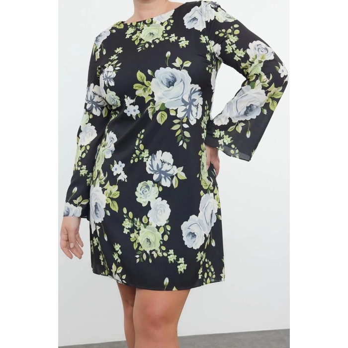 Kadın Moda Şık Büyük Beden Mini Boy Kayık Yaka Fitted Çiçek Desenli Saten Elbise
