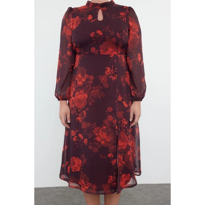 Womens Fashion Plus Size Midi Length Stand Collar Relaxed Floral Patterned Chiffon Lined Slit Woven Dress